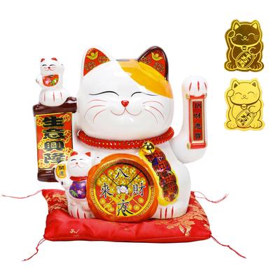 Felimoa Electric Maneki Neko Ceramic Lucky Cat Figurine with Moving Hands, Battery Operated, Includes Metal Sticker, for Wealth and Fortune