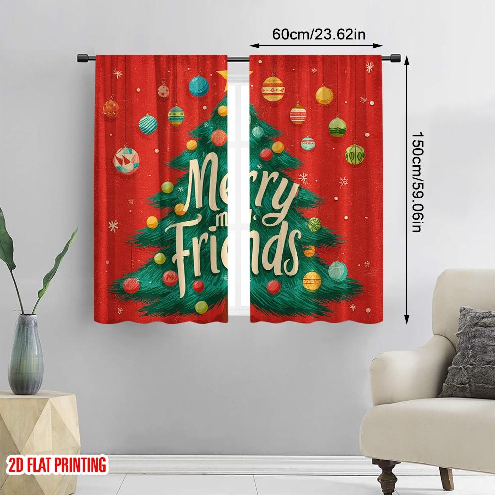 2pcs,2D Plane Printing Window Curtain Preety Christmas Tree Durable 100% Polyester Fabric (without Rod) Decorations Inside for