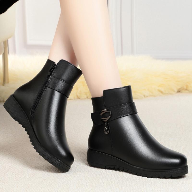 Fashion Genuine Leather Women Short Boots Thick Soled Wedges Ankle Boots Women's Winter Cotton Shoes Female Wool Warm Snow Boots 35-43
