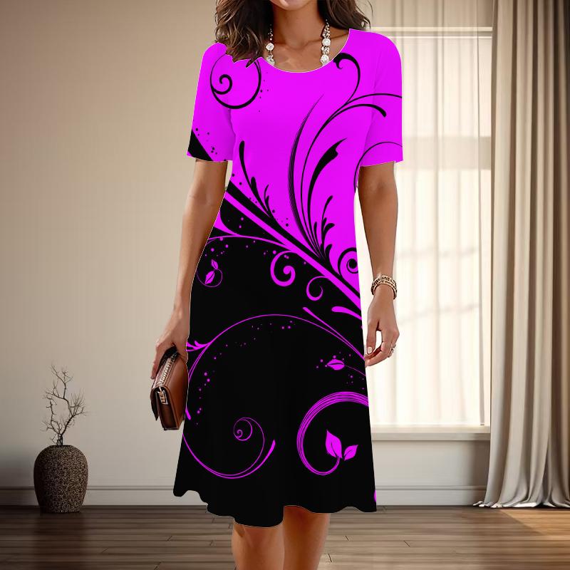 

Женская мода изящный листовидный принт лето весна короткий рукав О-образный вырез повседневные платья 8XL фиолетовый