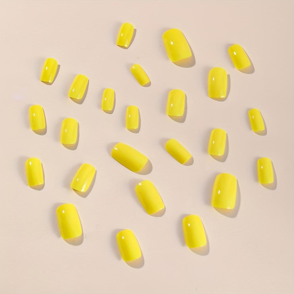 24pcs Yellow False Nails Short Square Press Nails Gloss Full Coverage Acrylic False Nails For Women And Girls