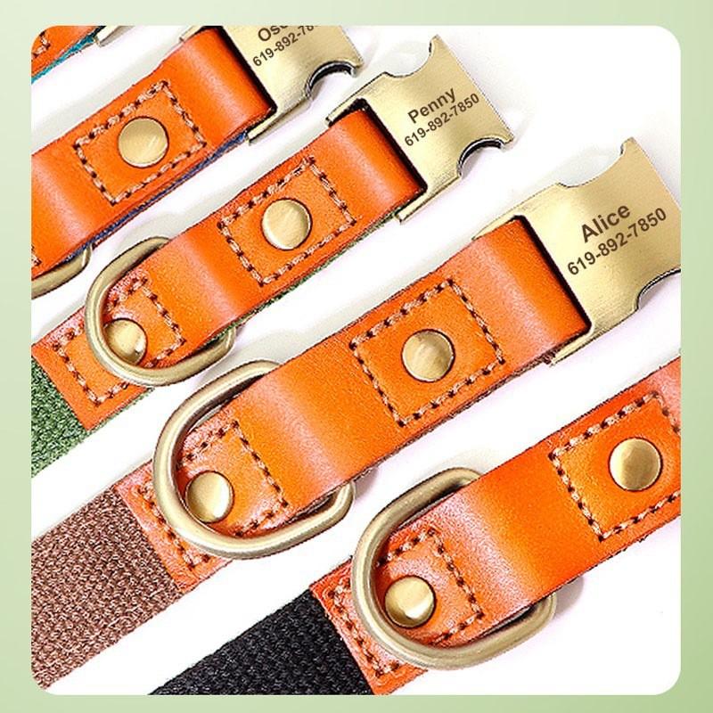 Adjustable Leather Dog Collar With Engraving Medium Large Dogs Comfortable Durable Canvas Reinforced Neck Strap