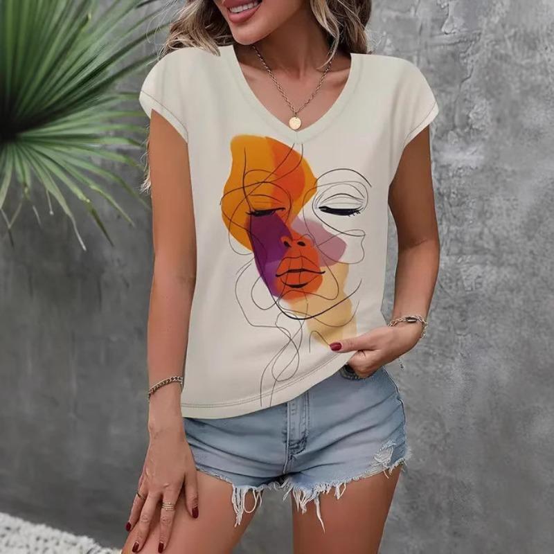 Summer Women's Casual Temperament Retro Printed Pattern V-neck Narrow Sleeved Shirt