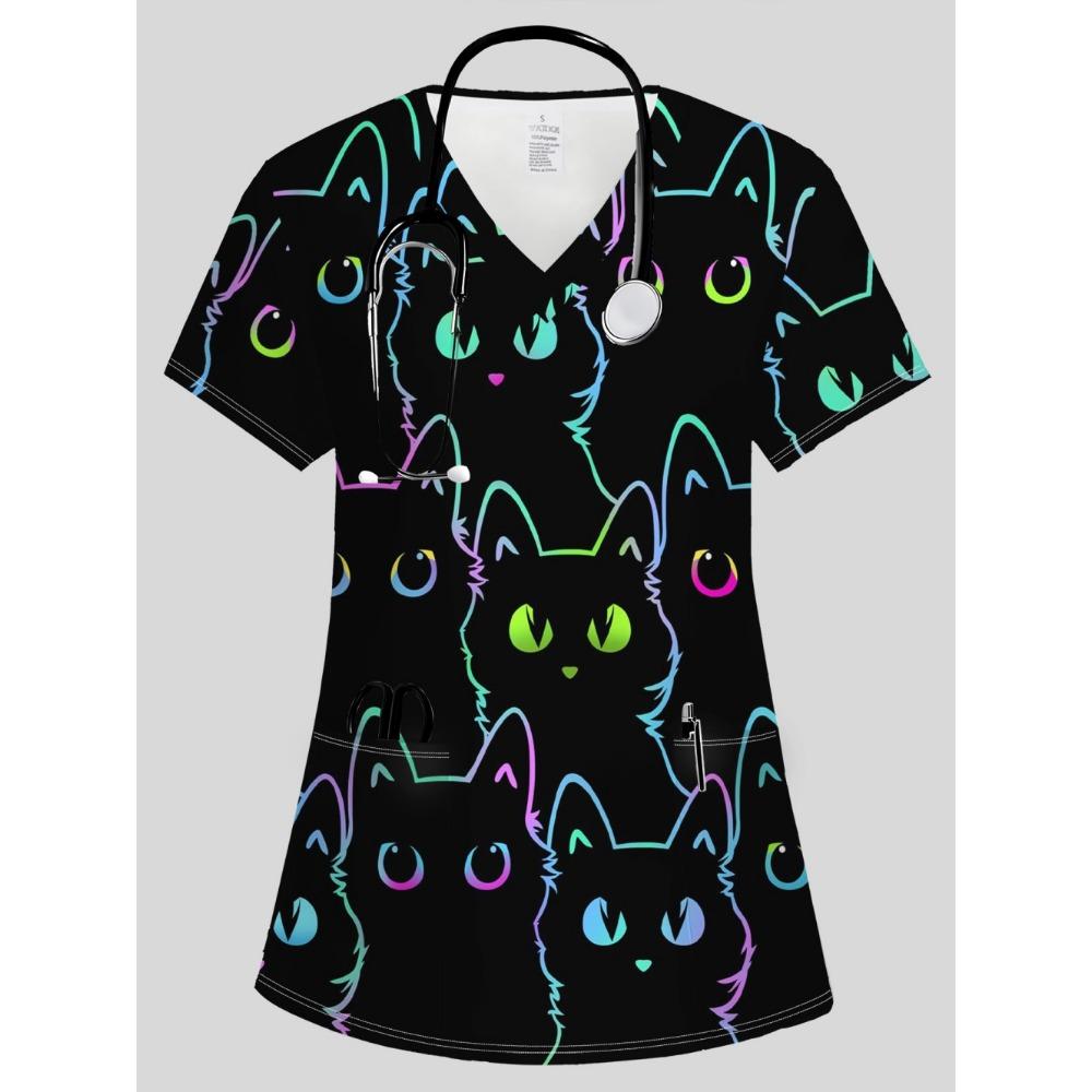 Summer Womens Fashion V-Neck Short Sleeve Uniform Pockets Tops Cute Cat Pattern Print Comfortable Vet Clinical Uniforms Woman