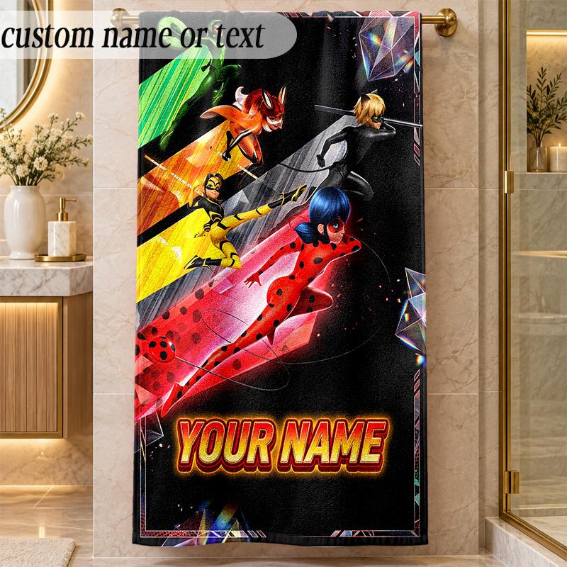 Beach TowelMiraculous Ladybug Custom Name Text Personalized Soft Towel for Beach Pool Indoor Home Decor Gift