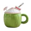 Tazza da Caffè in Ceramica a Forma di Cocco Tazza da Caffè con Manico Coperchio Mini Ombrello Cannuccia Resistente alle Alte Temperature Stoviglie Estive