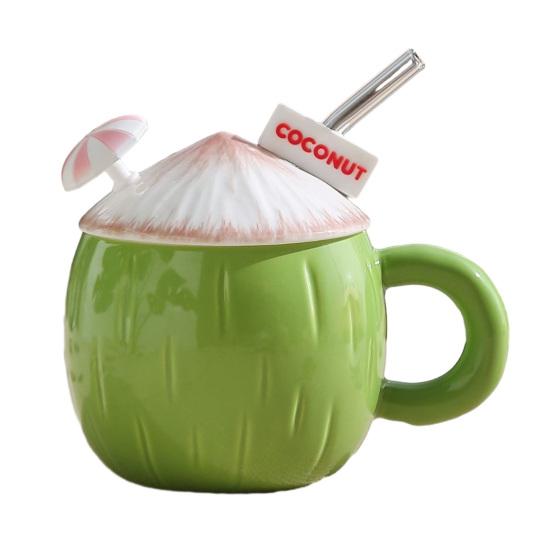 

Coffee Cup Ceramic Coconut Shape Coffee Mug with Handle Lid Mini Umbrella Straw High Temperature Resistant Summer 1pc розовый