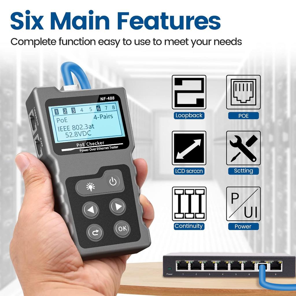 RJ45 Network Cable Tester, VXSCAN Multifunction Poe Ethernet Cable Tester Kit for CAT5e/CAT6/CAT6a, Network Cable Continuity Tester DC Power & Switch