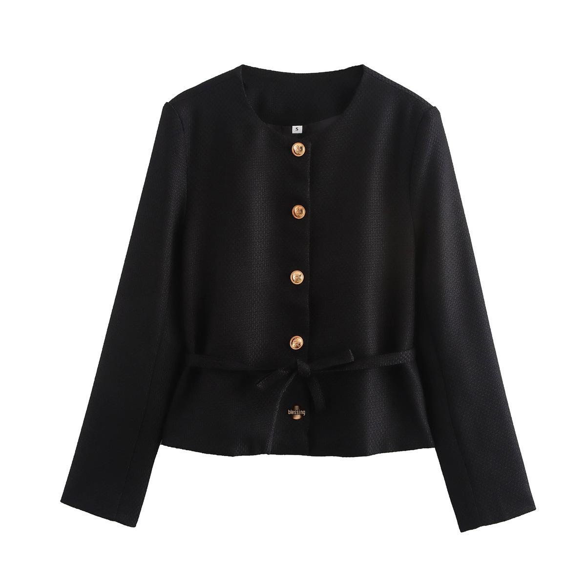 Chic Textured Tie-Waist Coat for Women - European & American Style Large чёрный