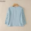 ZANZEA Kadın Günlük Yuvarlak Yaka 3/4 Kol Dantel Patchwork Bluz