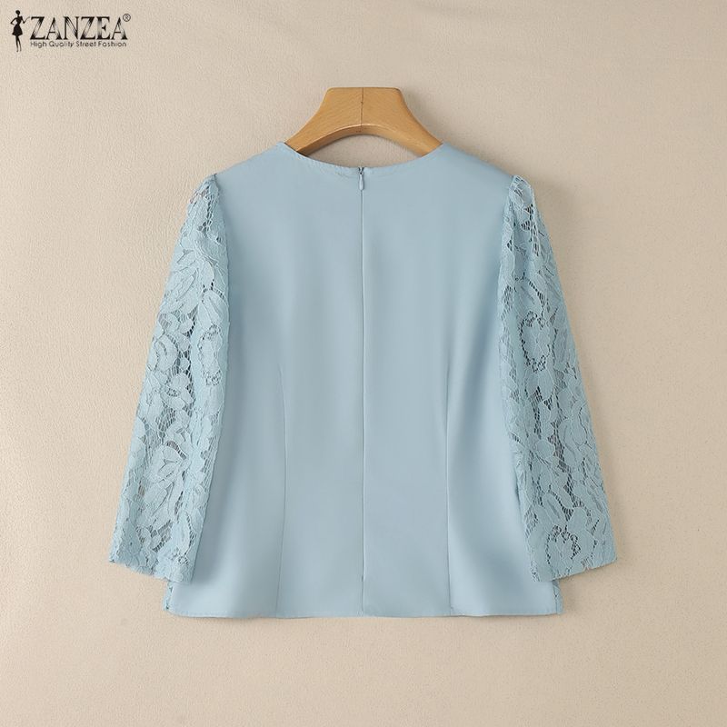 ZANZEA Kadın Günlük Yuvarlak Yaka 3/4 Kol Dantel Patchwork Bluz