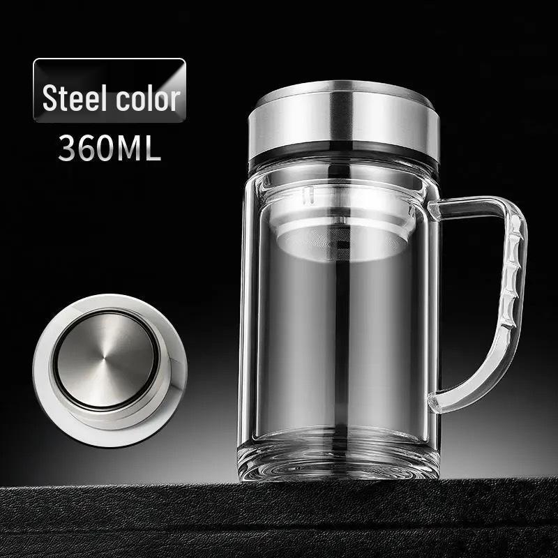 Double-Layer Glass Tea Cup with Handle, Large Capacity, High-End Design, Separator Included 360ml Double Layer + Steel Core