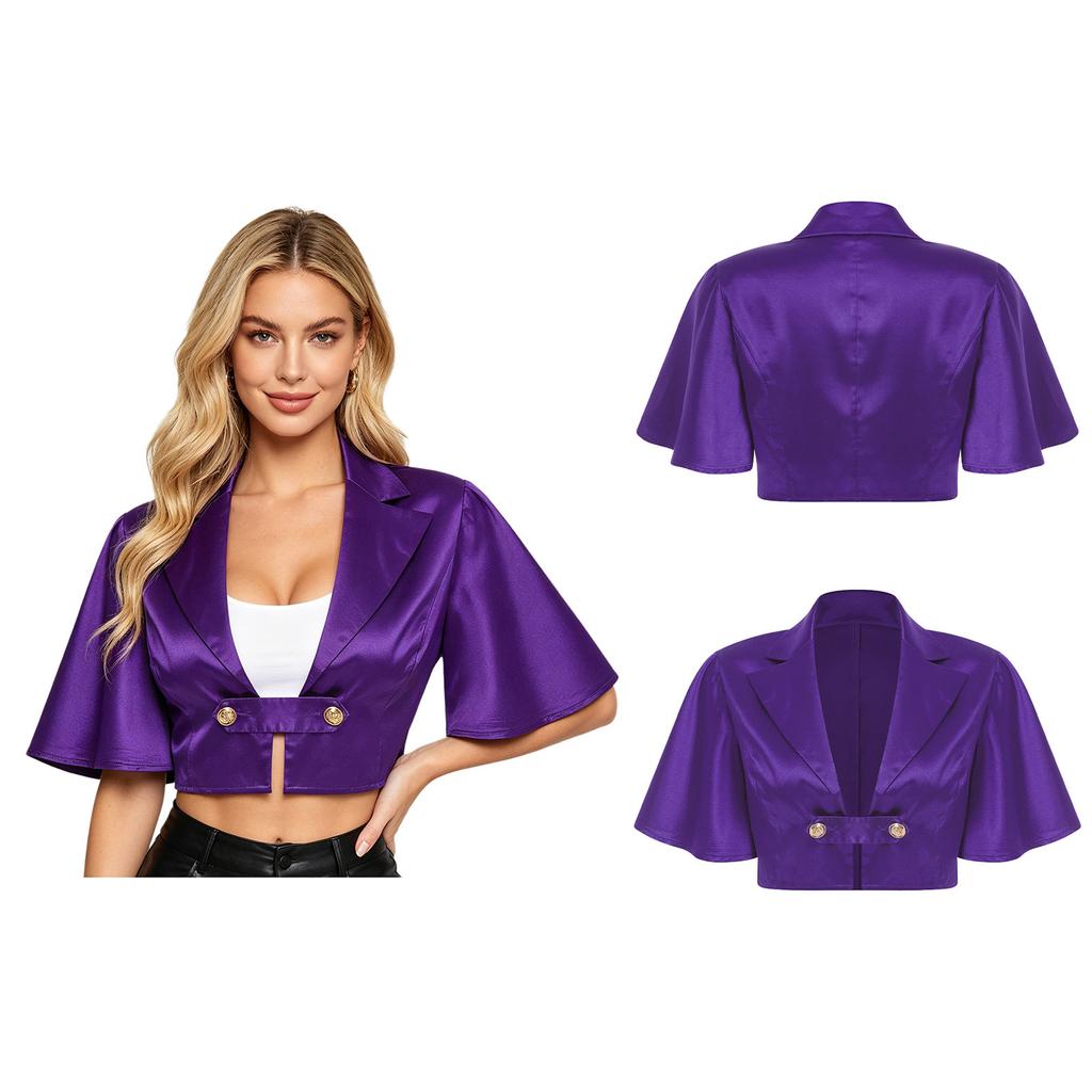 Women Satin Jacket Top Lapel Collar Flutter Sleeve Front Button Blouse Victorian Style for Casual Daily Party Wear