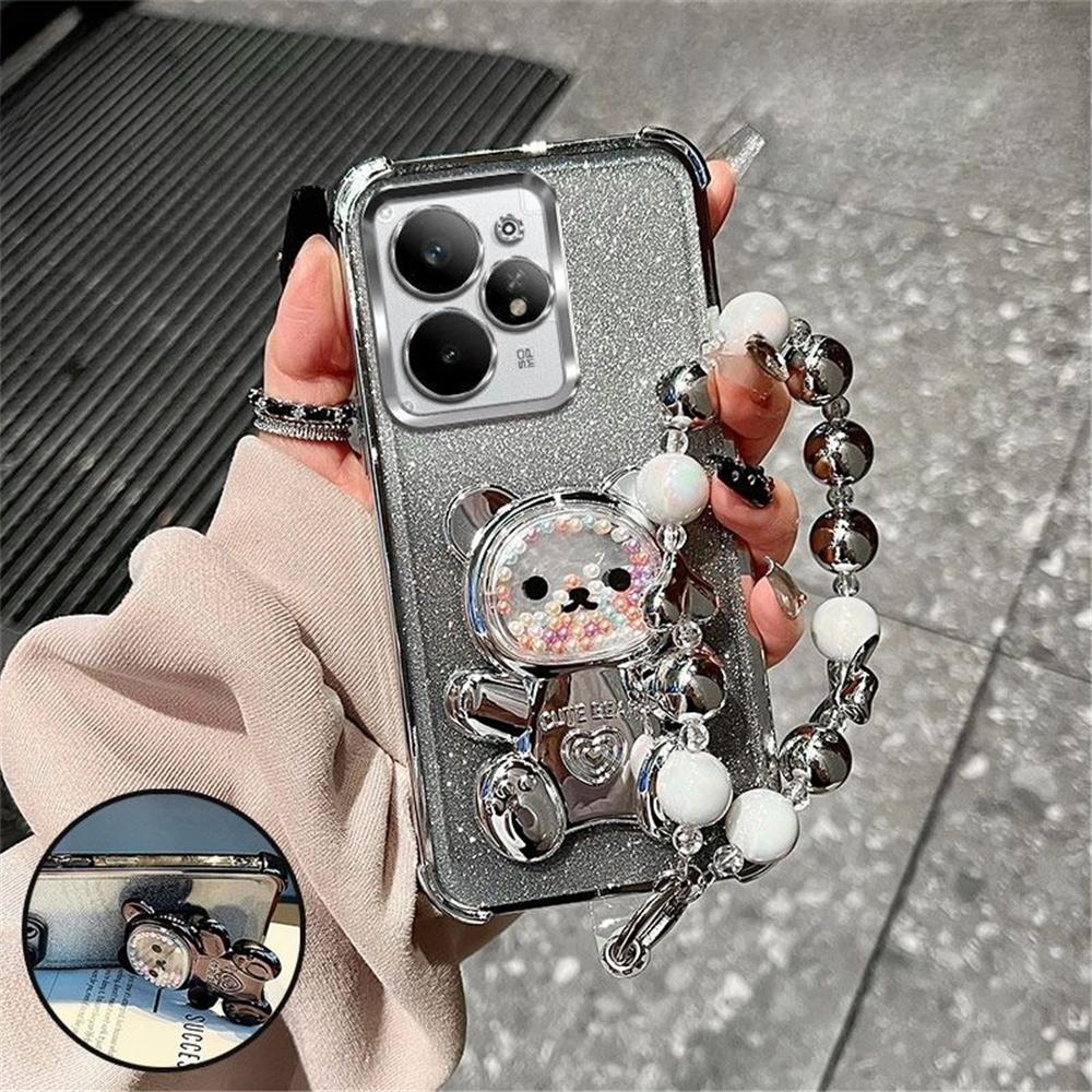 

Роскошный чехол-подставка для телефона с ремешком-бантом и мишкой для Xiaomi Poco X7 X6 X5 X3 Pro M6 F6 F4 F3 POCO C65 C75 с блестками, противоударный POCO C71