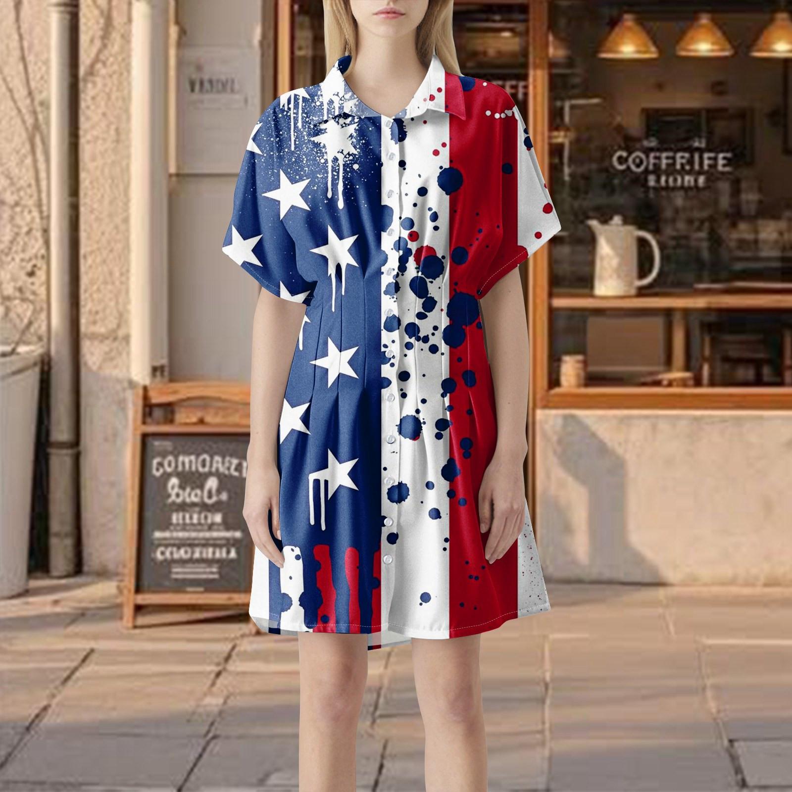 

Женское плиссированное полосатое платье-рубашка с пуговицами спереди, плиссированная рубашка с коротким рукавом, летнее повседневное короткое платье с принтом «День независимости» L