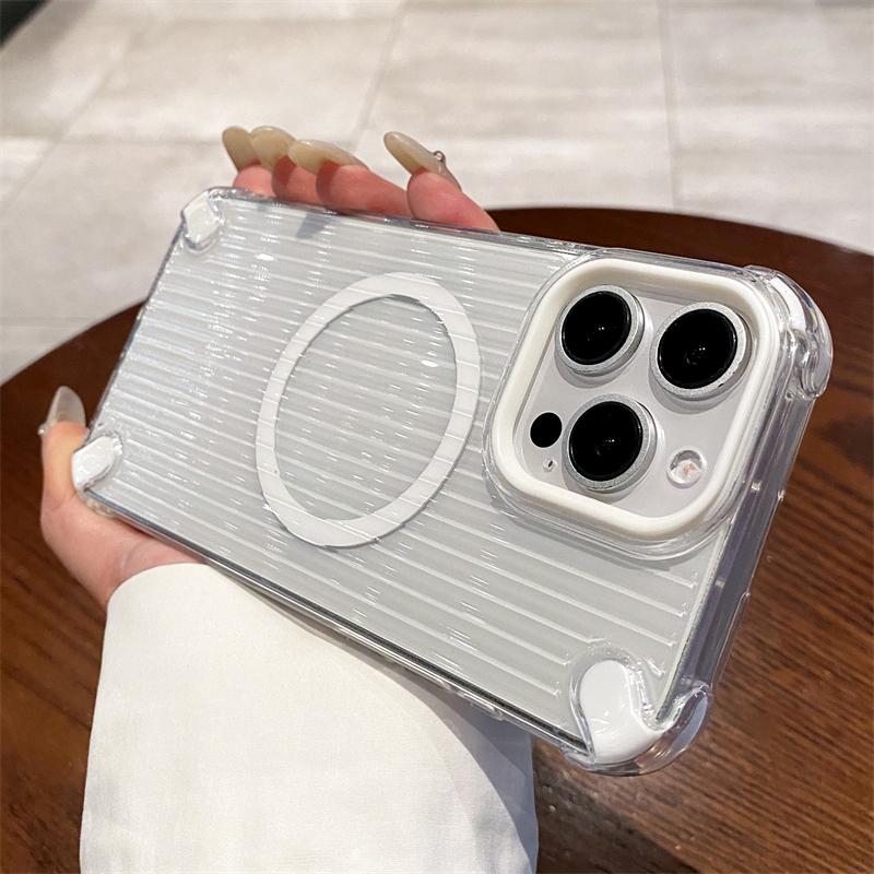 Transparent Stripe Soft TPU Phone Case For iPhone 16 15 14 Plus 13 12 11 Pro Max Clear Magnetic For Magsafe Wireless Charge Capa