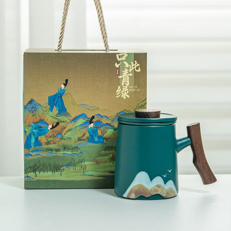 Ceramic Tea Water Separation Tea Cup Office Cup Mug High Value Cup Wooden Handle Water Cup Tea Cup Gift