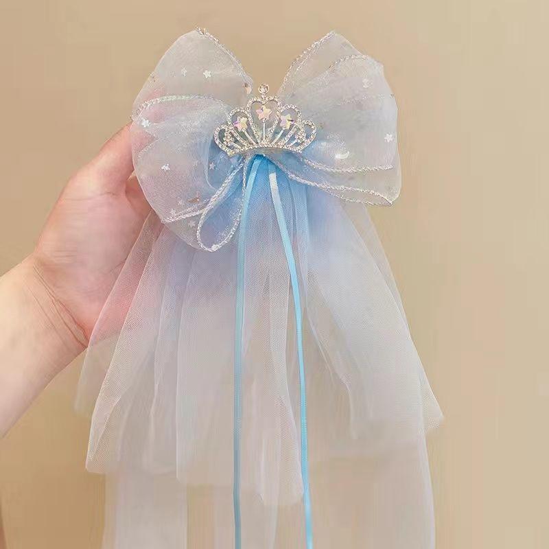 Children's Veil Hairpin Girl's Bow Crown Hairpin Photo Top Clip Baby's Birthday Mesh Headwear Princess Handmade Fashion