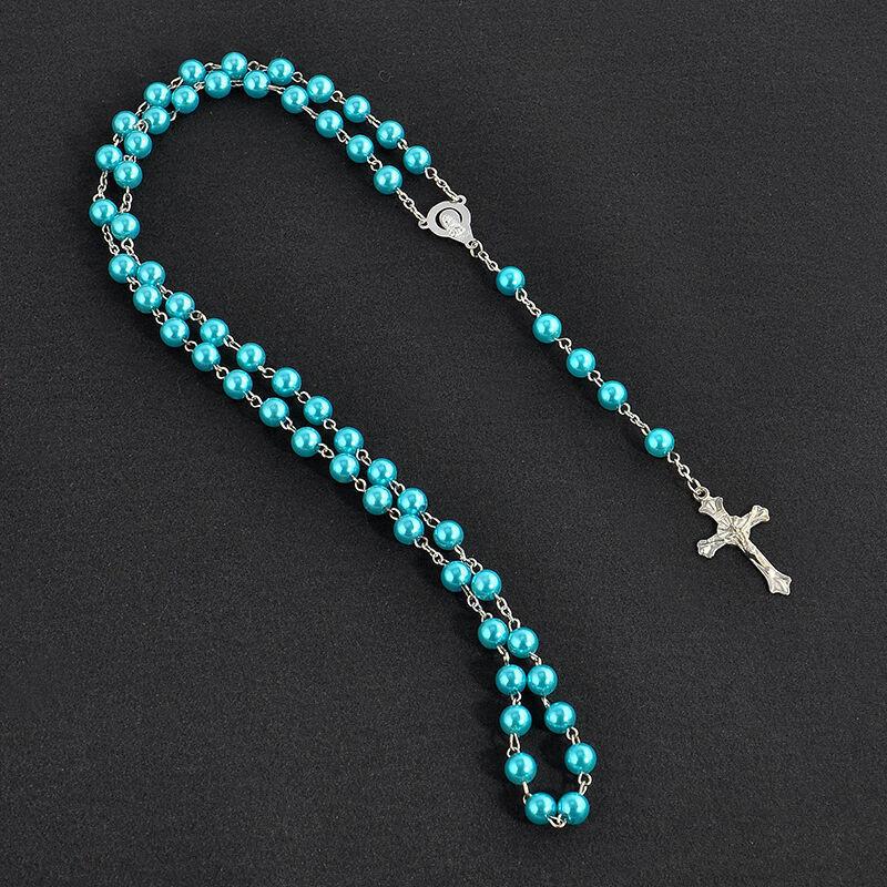 Women's Christian Fashion Faux Pearl Rosary Necklace with Virgin Mary & Jesus Cross Pendant Long Beads Chain Jewelry