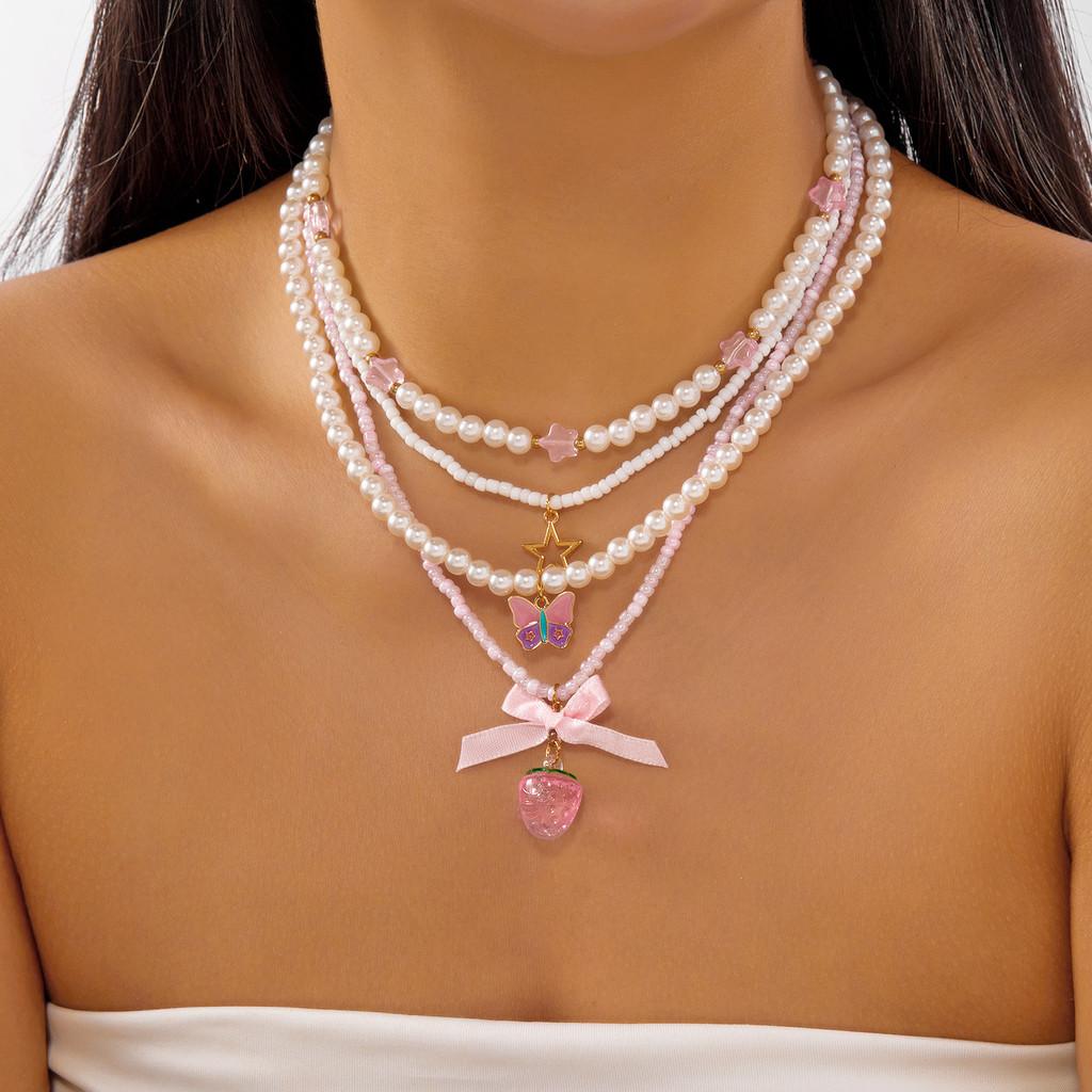 

Bohemian Heart Shape Necklace Set With Handcrafted Pearl Chain For Women FourPack