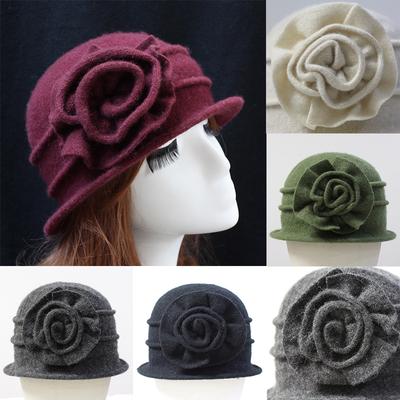 Elegancka Czapka Dziewczęca w Stylu Kwiatowym Jesień Zima Kapelusz Fedora Czysta Wełna Kapelusz Damski