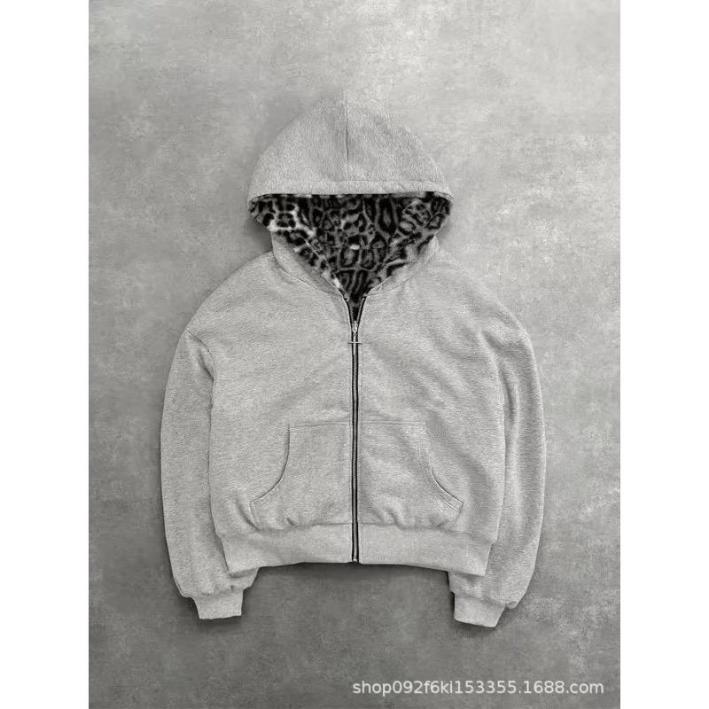 Autumn and winter new hooded sweater can be worn on both sides, retro leopard print zipper hoodie loose top