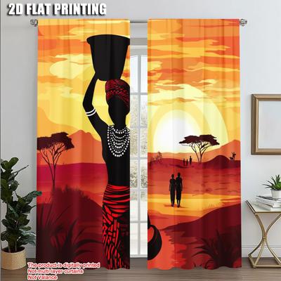 2pcs Minimalist Curtains 2D Print African Woman Fabric (without Rod) Home Decor Use for Study Living Room Kitchen - Home