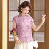 Retro Chinese Print Sleeveless Blouse for Mothers with Stand Collar and Frog Buttons - Age-Defying Style for the Middle-Aged and Elderly