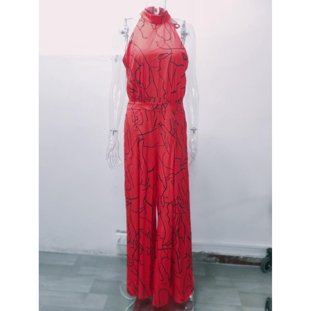 Women's Lace-up Casual Printed Sleeveless Jumpsuit