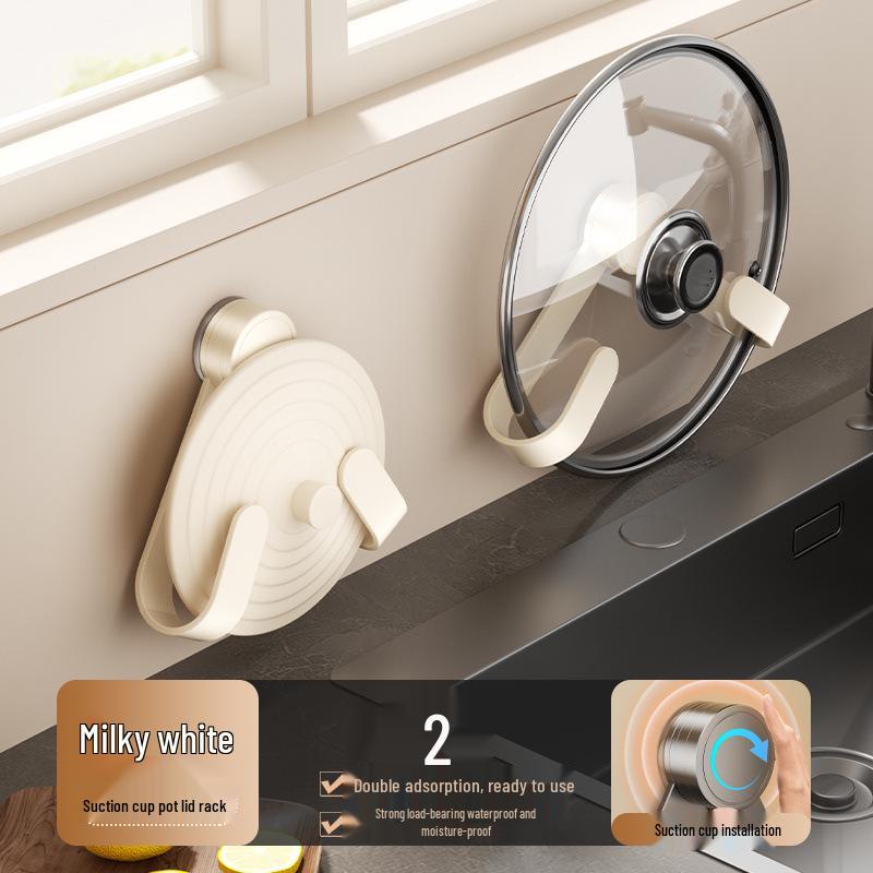 Wall-Mounted Suction Cup Pot Lid & Cutting Board Holder - No-Drill Multifunctional Kitchen Storage Rack.