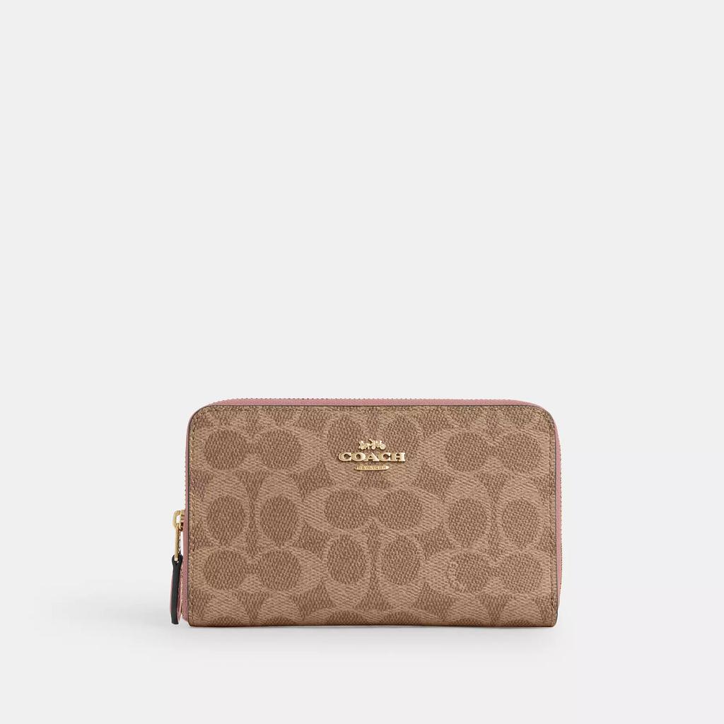 Coach Medium Id Zip Wallet In Signature Canvas Gold Sand Chalk