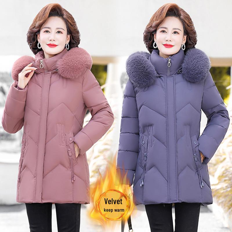 Mamas Winter 2025 Plus Samt Mittellange Daunenjacke für Frauen mittleren Alters und ältere Frauen