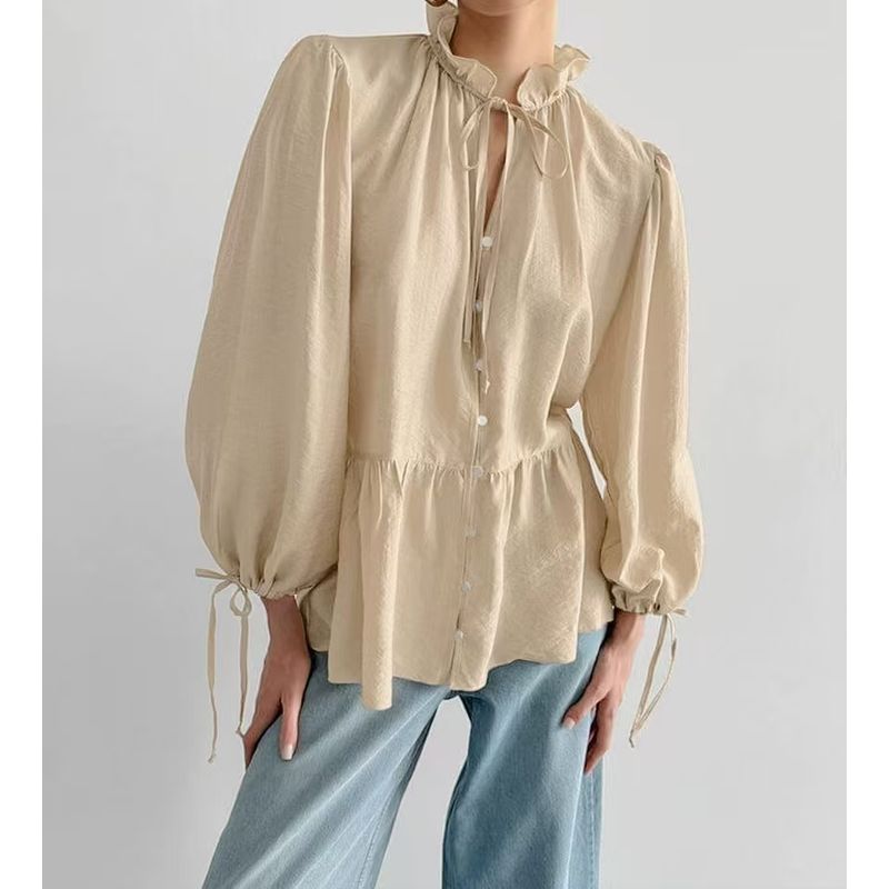 

European and American Fashion New Style Wrinkle Loose Shirt Small Stand Collar Puff Sleeve Shirt Bubble Sleeve Shirt Khaki S