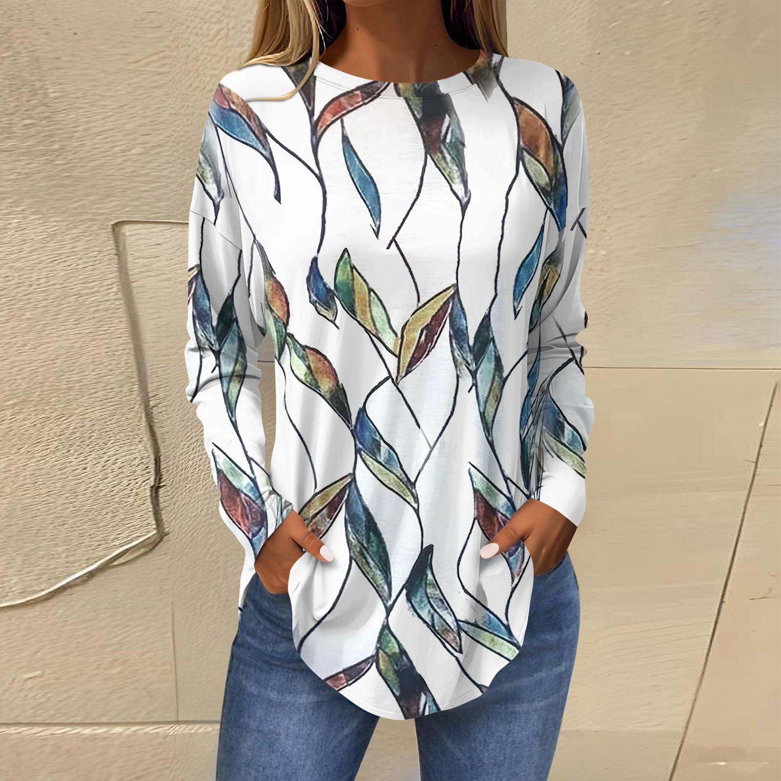 

Женская свободная футболка с длинным рукавом с круглым вырезом и принтом, верхний пуловер XL белый