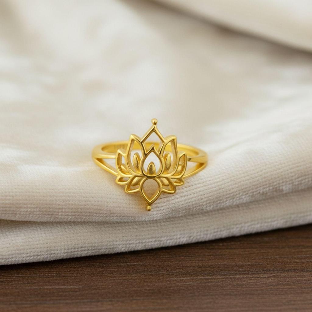 925 Sterling Silver Gold Vermeil Lotus Flower Openwork Spiritual Women Ring