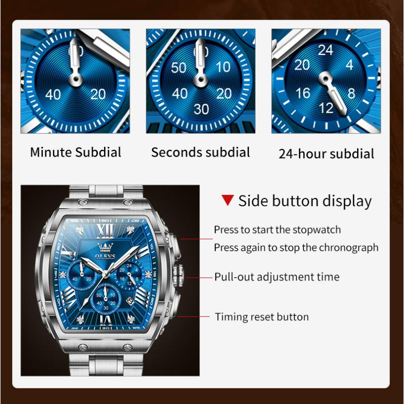 OLEVS Tonneau Watch Men Luminous Waterproof Date Stainless Steel Chronograph Quartz Watches for Men