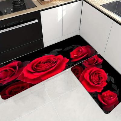 Beautiful Red Rose Kitchen Floor Mat - Non-Slip, Oil-Proof, Waterproof, Machine Washable & Water-Absorbing