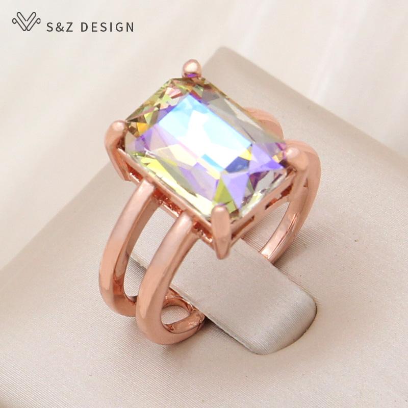 Fashion Rose Gold Color Adjustable Rectangle Crystal Rings For Women Wedding Party Jewelry Gift