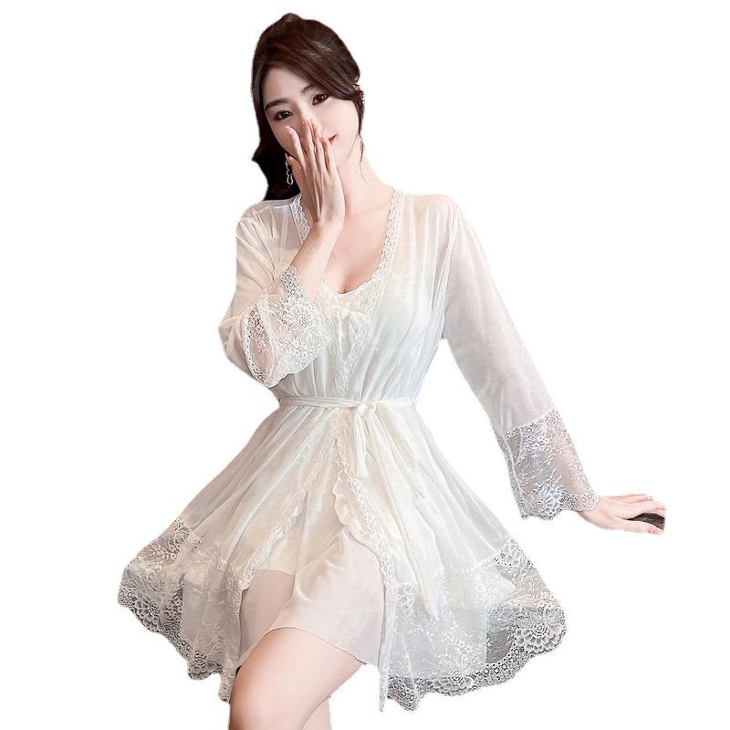 Seductive Sexy Suspender Sex Nightdress Women'S Mesh Lace Nightgown Loungewear With Chest Pad Pajama Set
