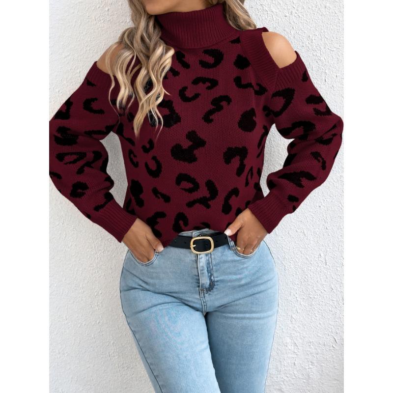 Women S Leopard Print Long Sleeve High Neck Casual Sweater