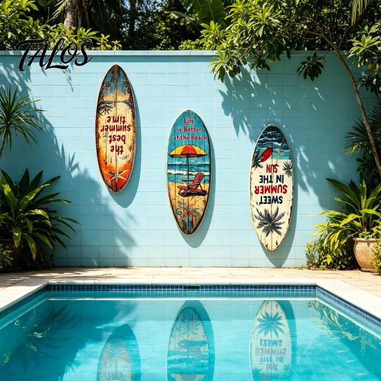 1/3Pcs Surfboard Plaque Decoration, Solid Wood Vintage Coastal Wall Sign, Retro Seaside Style Wall Art Ornament for Indoor Outdoor Use