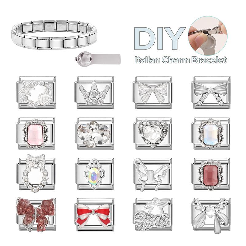 Y2K Zircon Cherry Bow Heart Butterfly Shiny Italian Charm Links Fit 9MM Bracelet Stainless Steel Jewelry DIY Making Jewelry