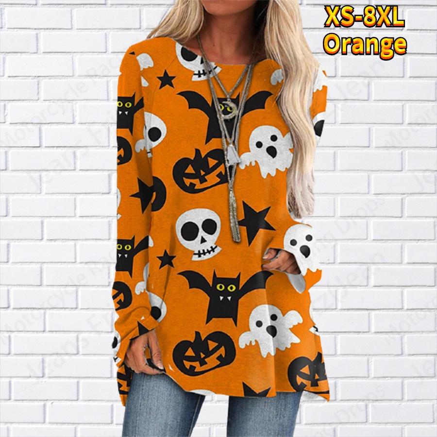 T-shirt à Manches Longues Imprimé 3D Joyeux Halloween Mode Femme Col Ras du Cou Ample Tunique Tops Vêtements d'Automne pour Femmes Tops Femme Style Y2k