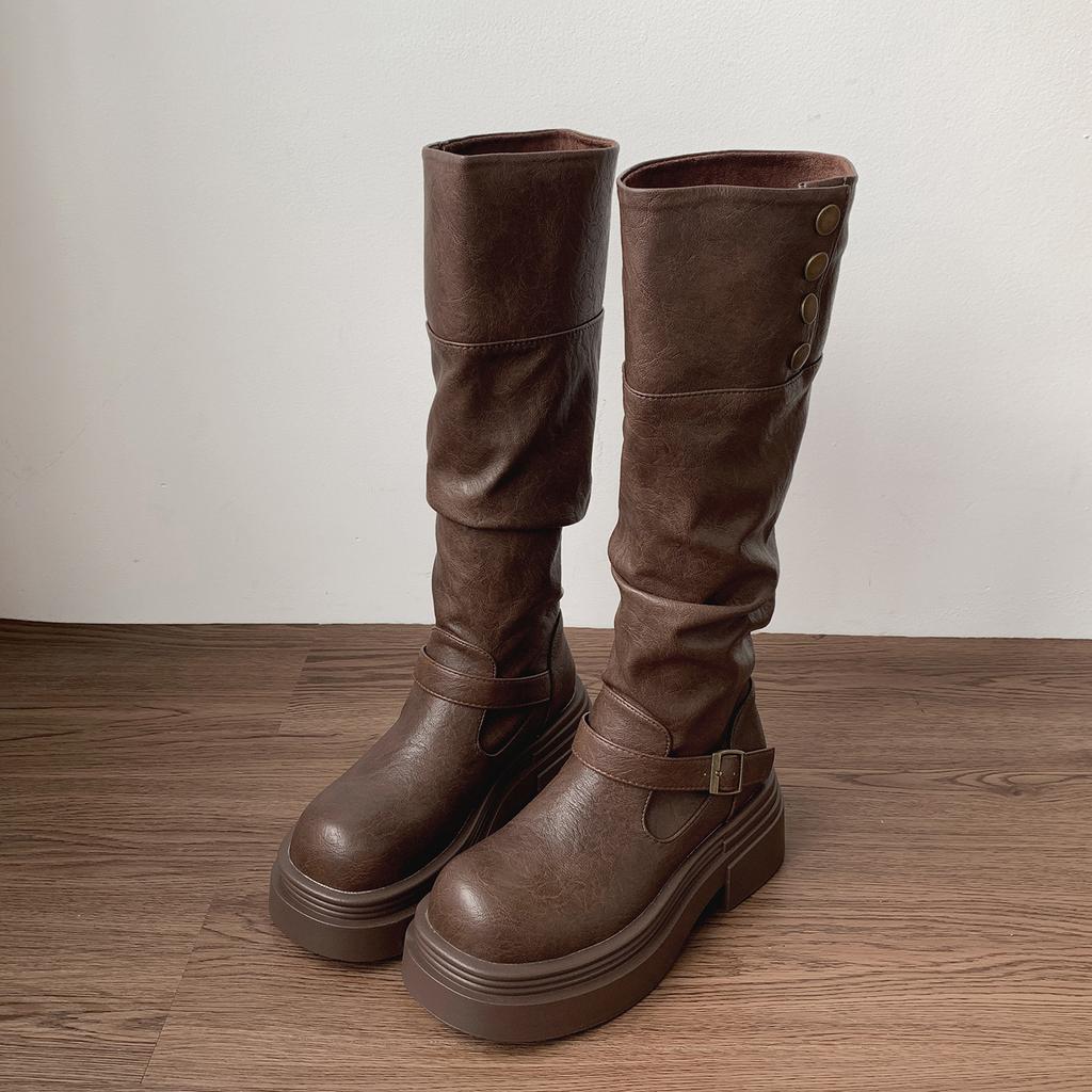 Retro Black Premium Platform Boots Women's Boots 2025 New Autumn Skinny Maillard Knight Boots