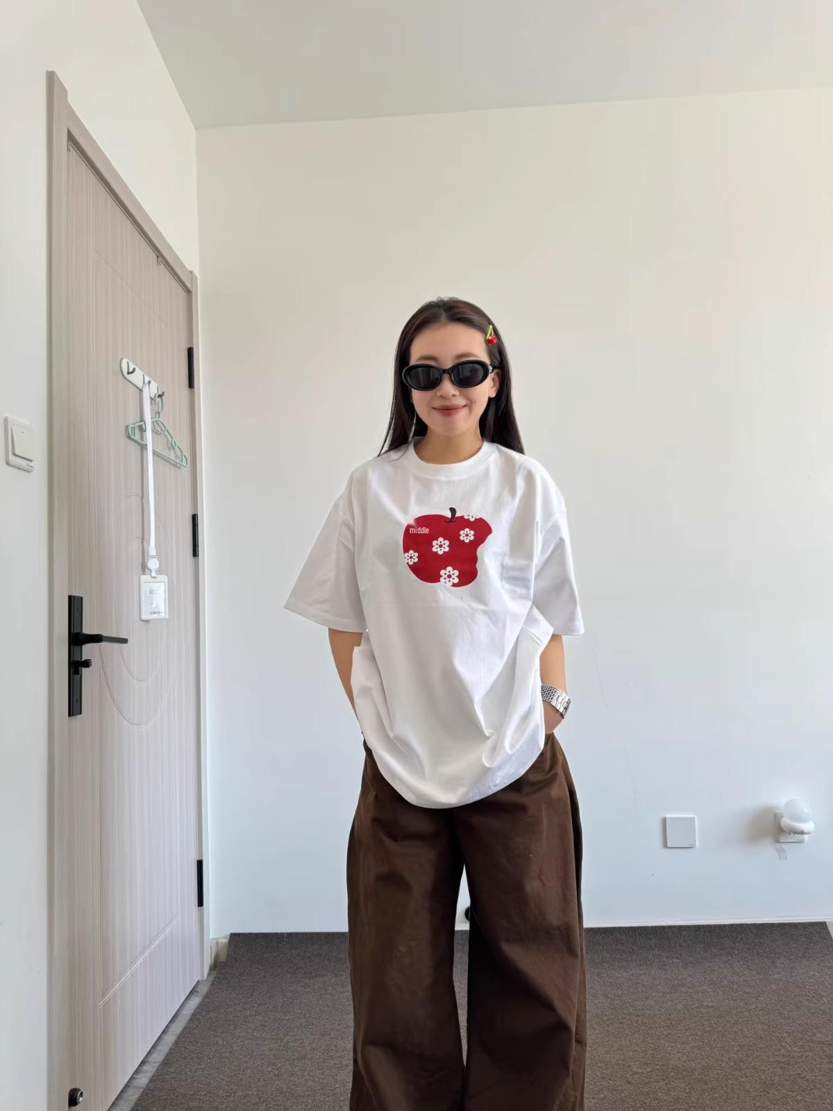 

Korean Creative Apple Print White Cotton Women s Loose Short Sleeve T-shirt M Premium Quality білий