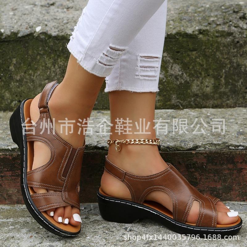 Shoes summer new sandals women's Velcro stitching hollow thick sole heel large size open toe casual
