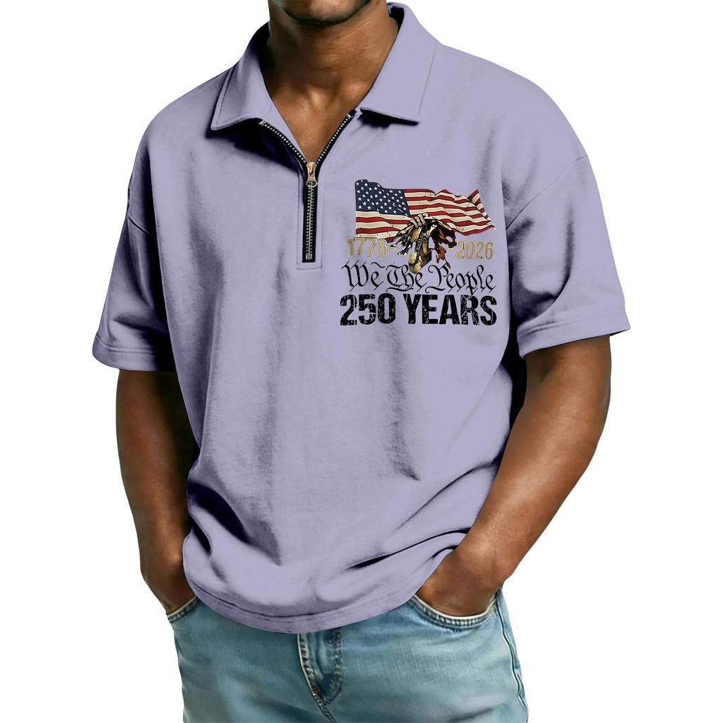 Men's Casual Loose Fit Polo Shirt Short Sleeve Top with Flag and Letter Print Zipper Collar Comfortable Summer Wear