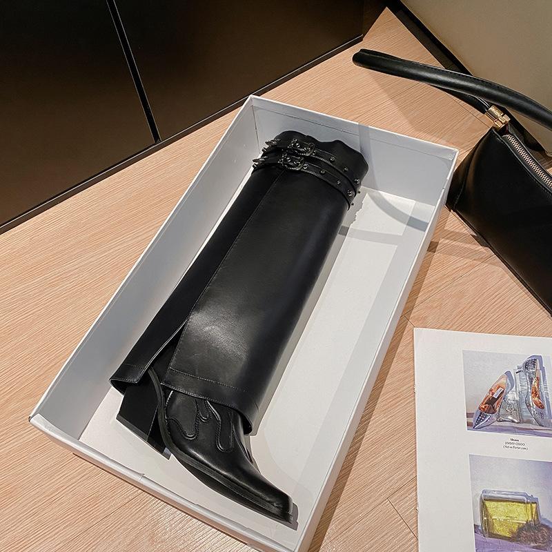 Boots Female pointed head embroidery western cowboy boots knight boots high heel boots big tube pant tube boots fried street