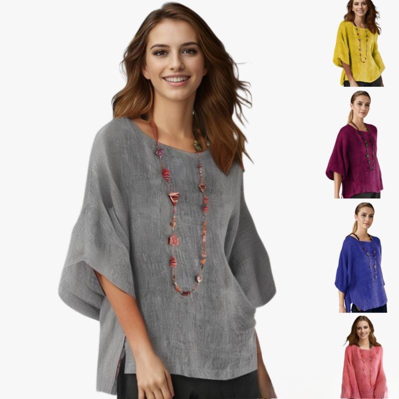 

New Women s Seven Quarter Sleeved Round Neck Cotton and Linen Top 5XL синій