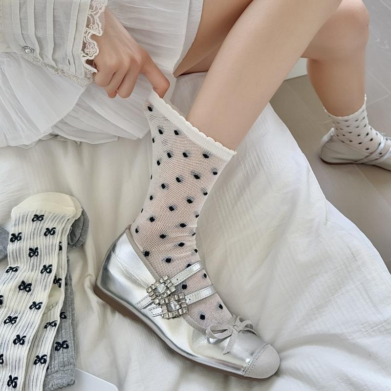 Female Spring and Summer Thin Style Bow Lace Polka Dot Preppy Style All Build Mesh Tube Stack Socks